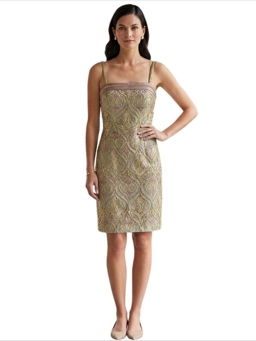Isabel Ardee Designer Jaquard Spaghetti Strap Sheath Dress Celery Green Size 6